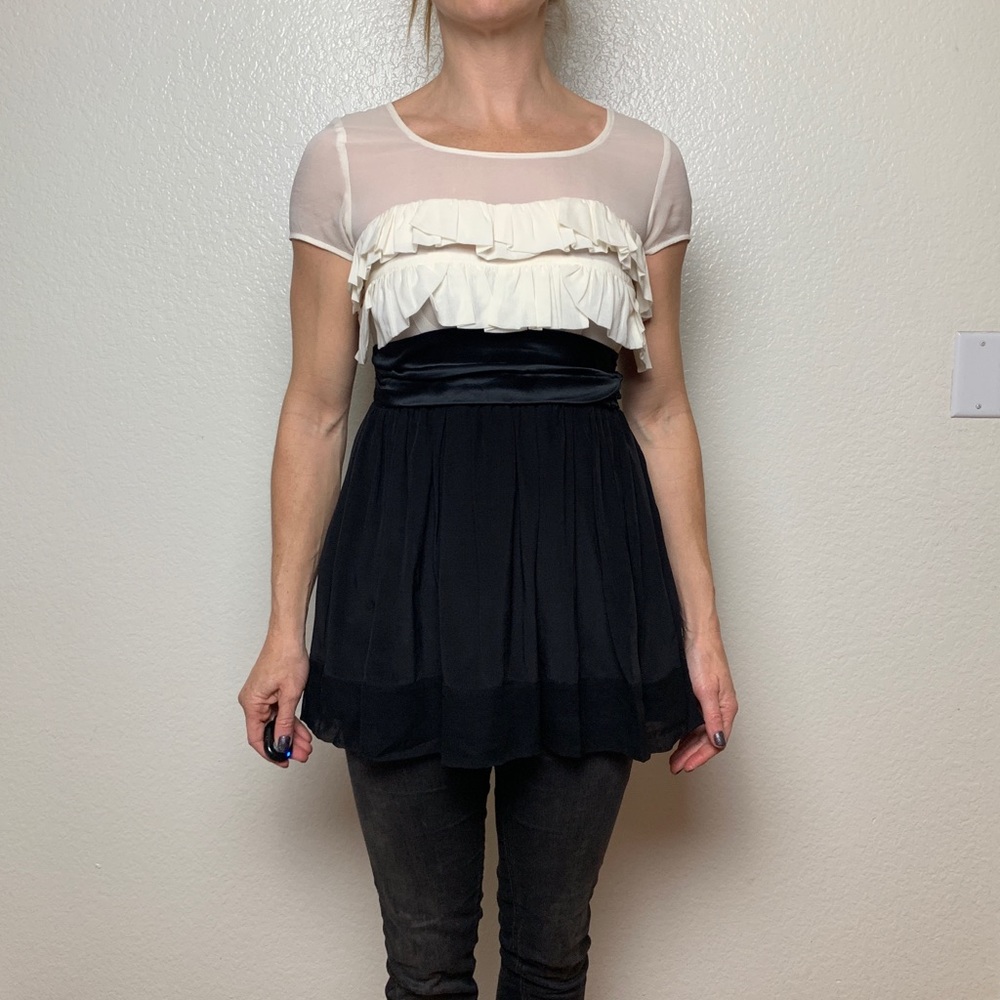 100% silk ruffle bust cap sleeve tunic top